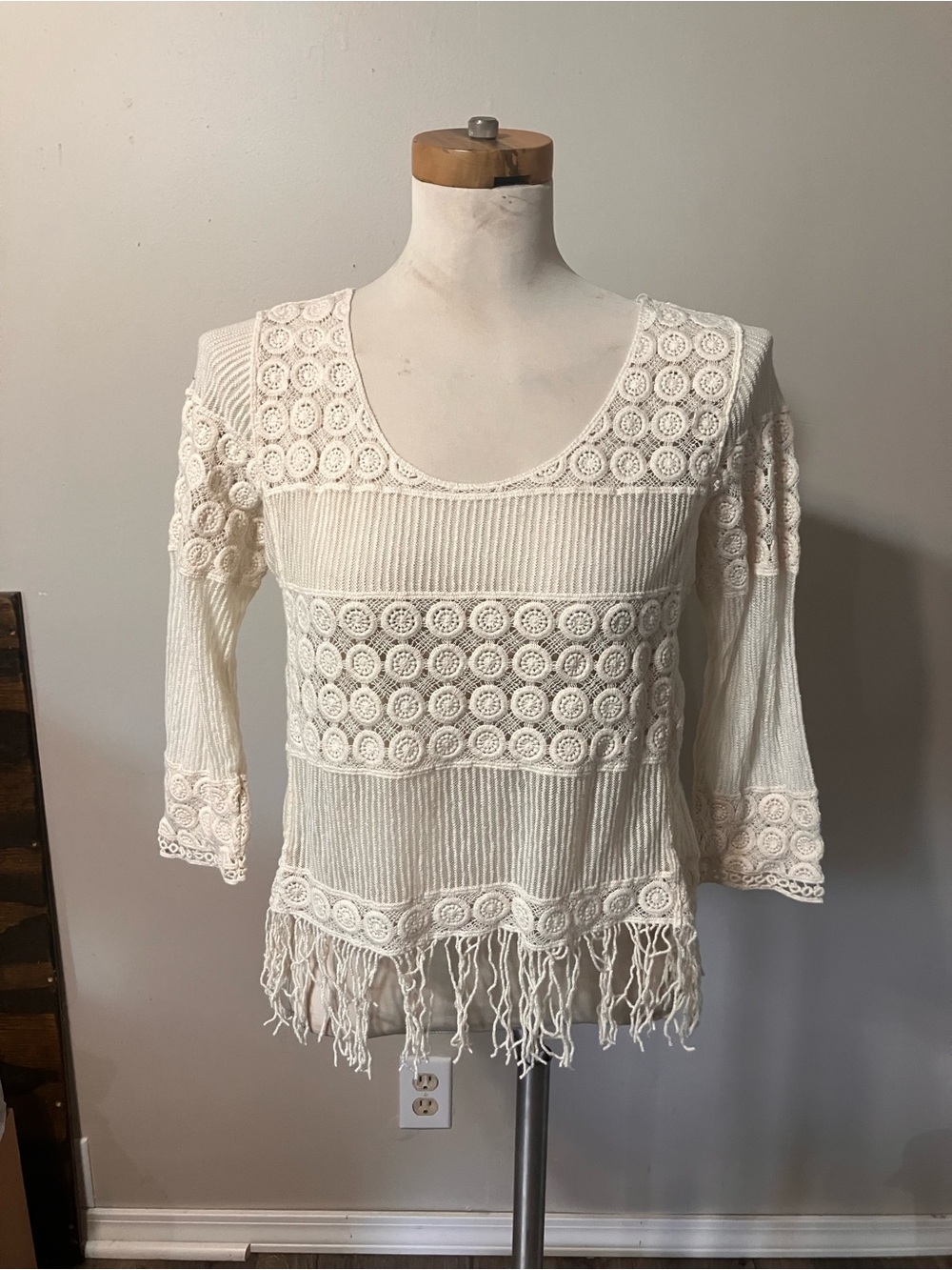 SJS Cream Crochet Fringe Scoop Neck Tunic Top